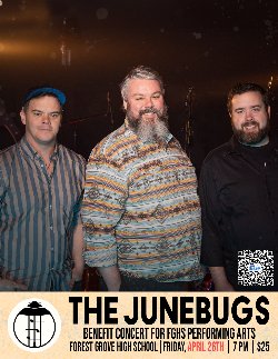 Junebugs Benefit concert poster with all three band members posing for photo
